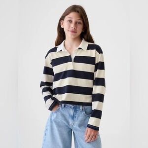 Gap Kids Girls Cropped Relaxed Fit Navy & White Striped Rugby Long Sleeve Polo M